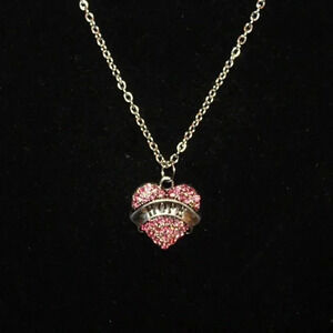 Vintage NOS Silver Pink Rhinestone Heart Breast Cancer Hope Necklace Jewelry